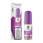 A product image showing a box and a bottle of Bar Juice 5000 Berry Crush Nic Salt Vape juice. The box is white and purple, and the bottle is purple with a label showing the flavor and nicotine strength.